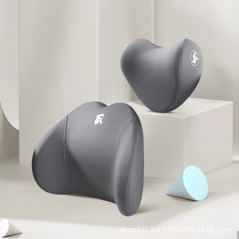 Memory foam car pillow set with heart-shaped pattern, black cotton cover, headrest and lumbar support