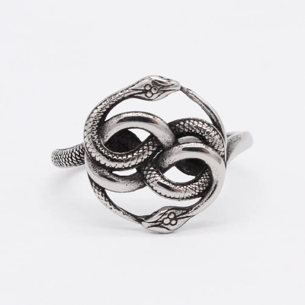 Titanium steel retro double snake ring in steel colour shown on finger