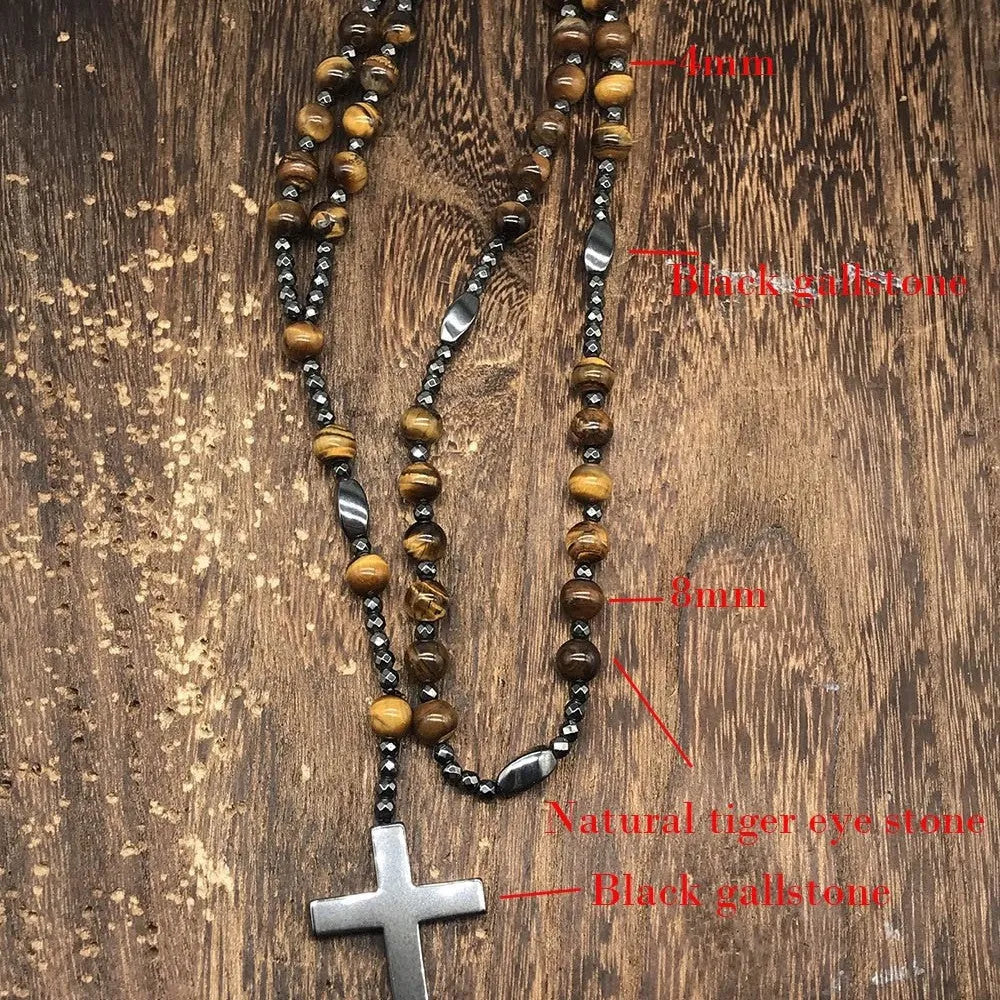 Men's stone cross pendant necklace with ball bead chain and safety lock clasp