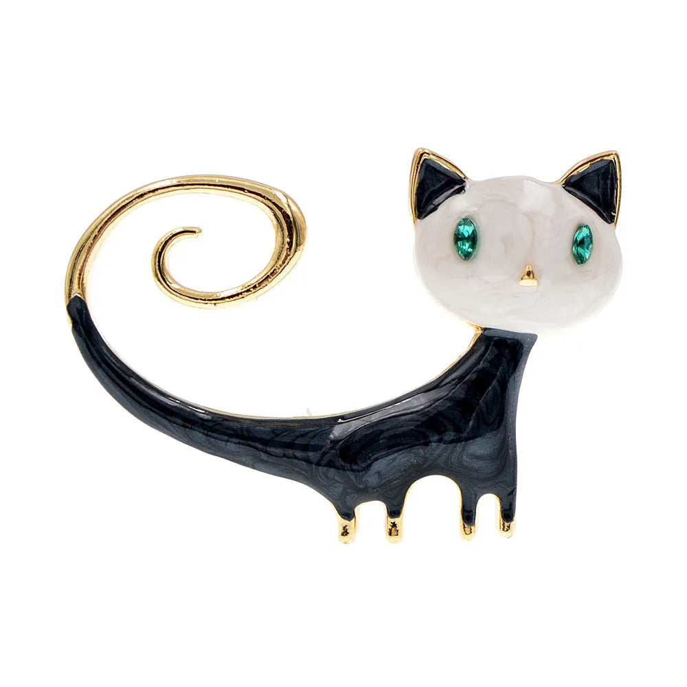 Personalised painted cat tailing up brooch in alloy metal available in white or orange colours
