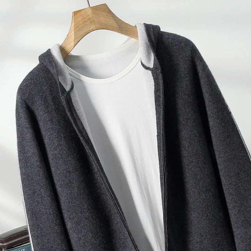 Men's thick cashmere zip-up cardigan sweater in dark blue with half-high collar