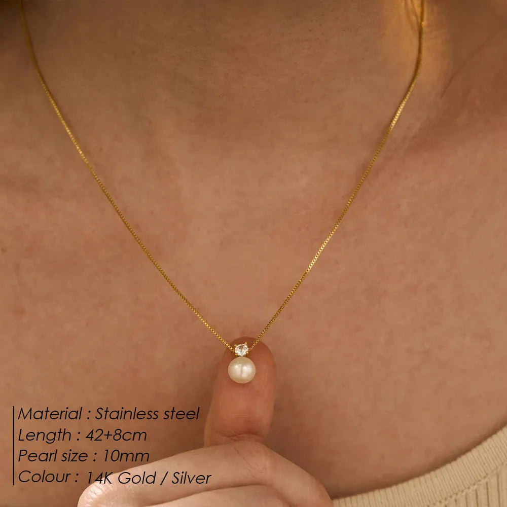 St Delan stainless steel necklace with imitation pearl and zircon pendant in New Chinese style design