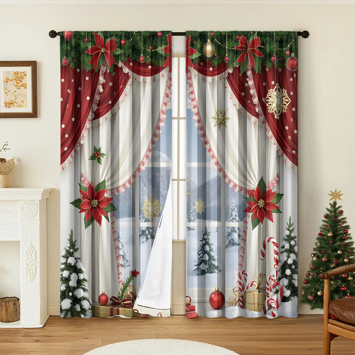 3D digitally printed Christmas curtain pair showing festive patterns on polyester fabric with sunshade properties