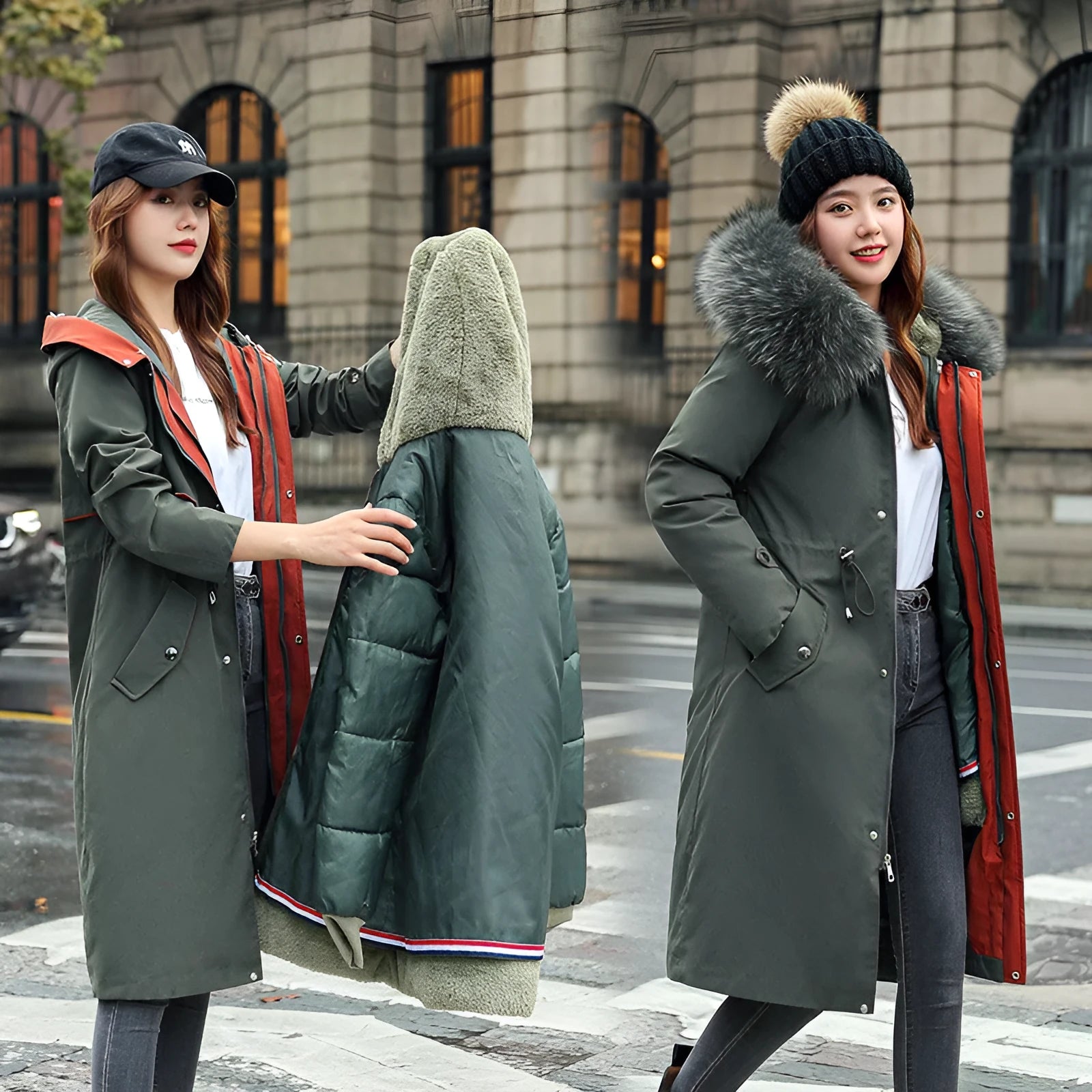Long beige women's trench coat with cotton-padded fleece construction on a hanger.