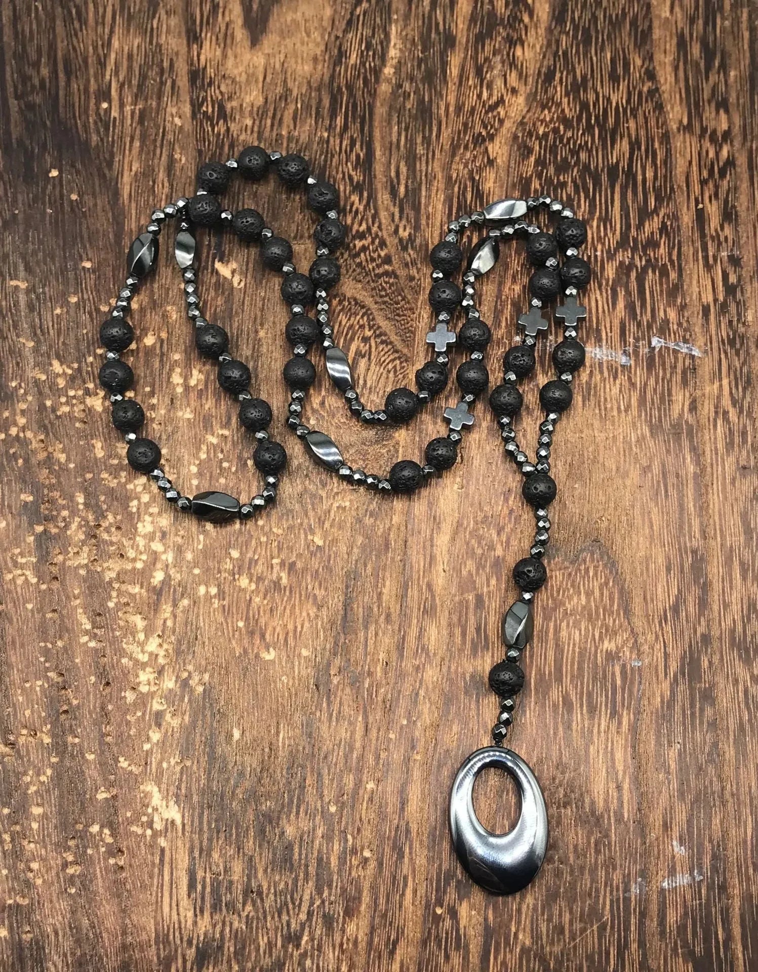 Men's stone cross pendant necklace with ball bead chain and safety lock clasp