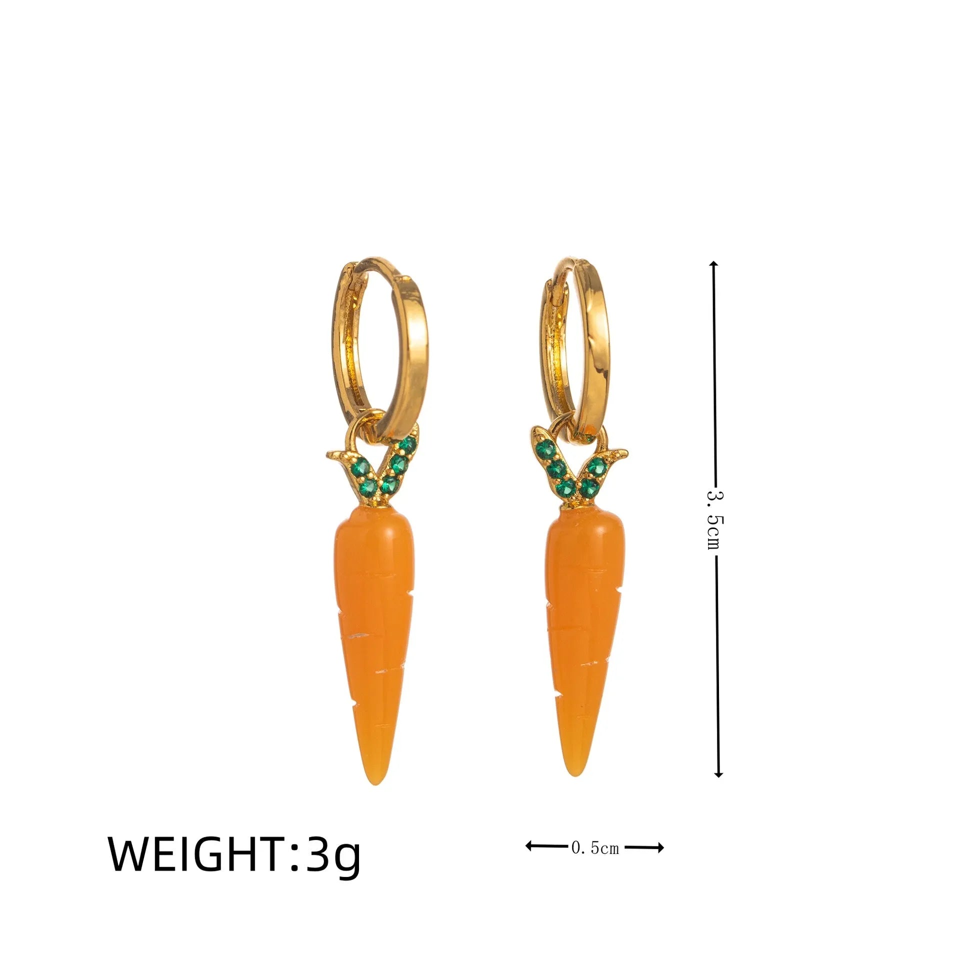 Gold plated copper earrings with fruit and vegetable designs including carrot, blueberry, and chilli pepper