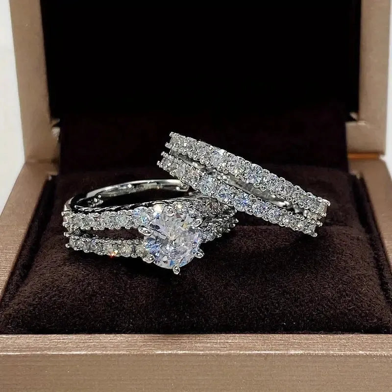 2-in-1 women's fashion ring set with fully-jewelled geometric and round designs in gold, rose gold, and silver colours