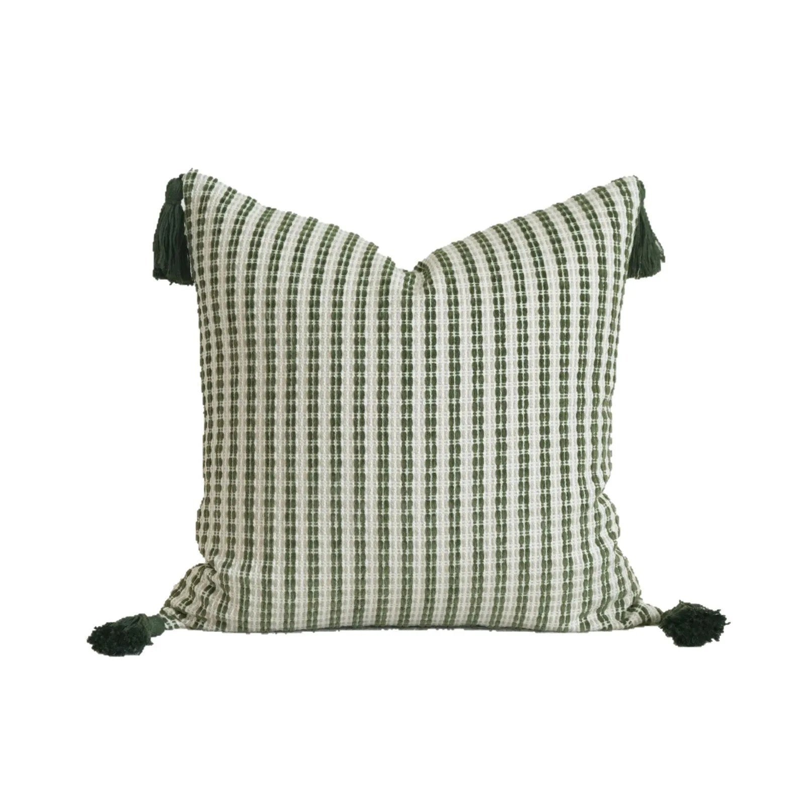 Green botanical pattern hotel sample pillow with tassel detail on linen cotton cover