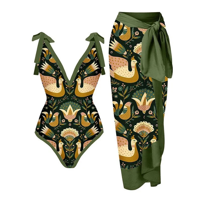 Solid colour women's one-piece swimsuit with spaghetti straps and a matching skirt.