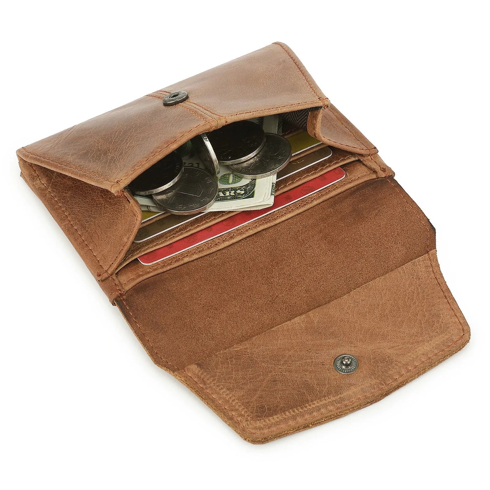 Genuine cowhide leather coin purse in multiple colours showing stitching detail and anti-theft swiping function