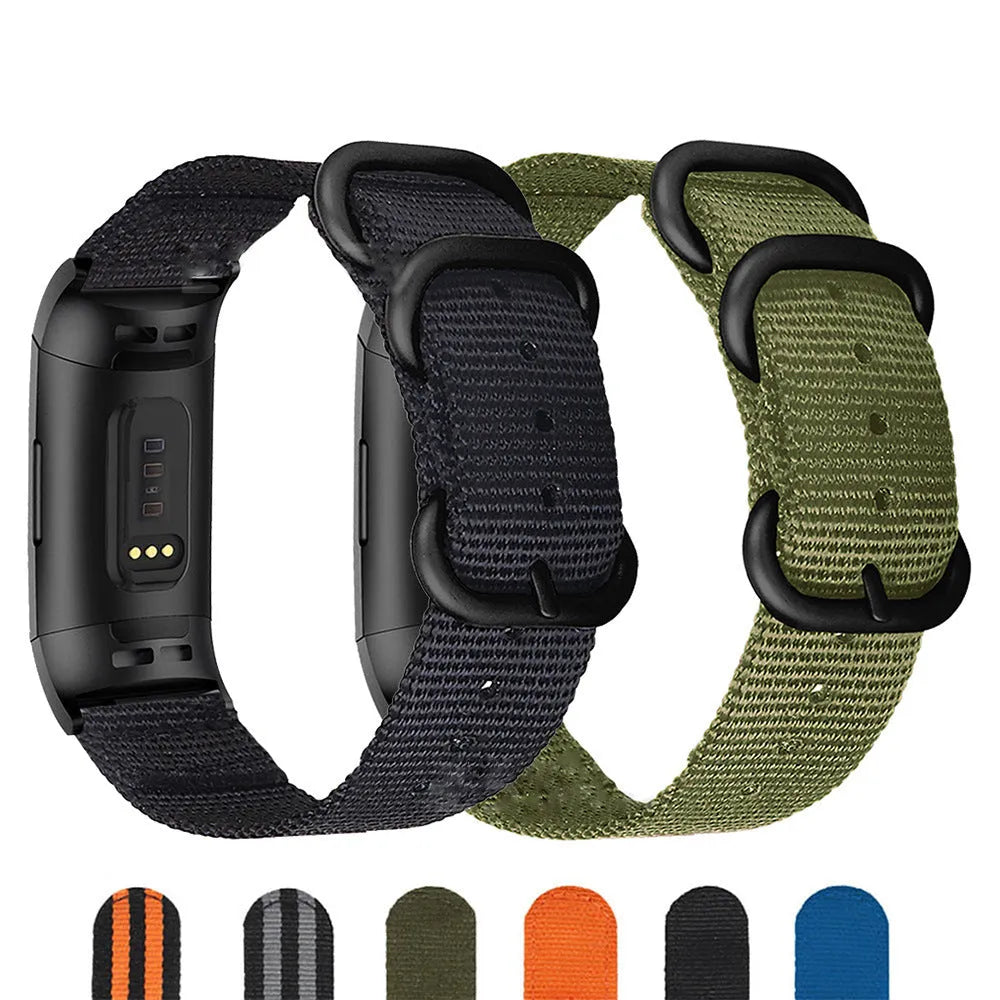 Nylon replacement watch strap with three-ring metal buckle for Fitbit Charge fitness tracker