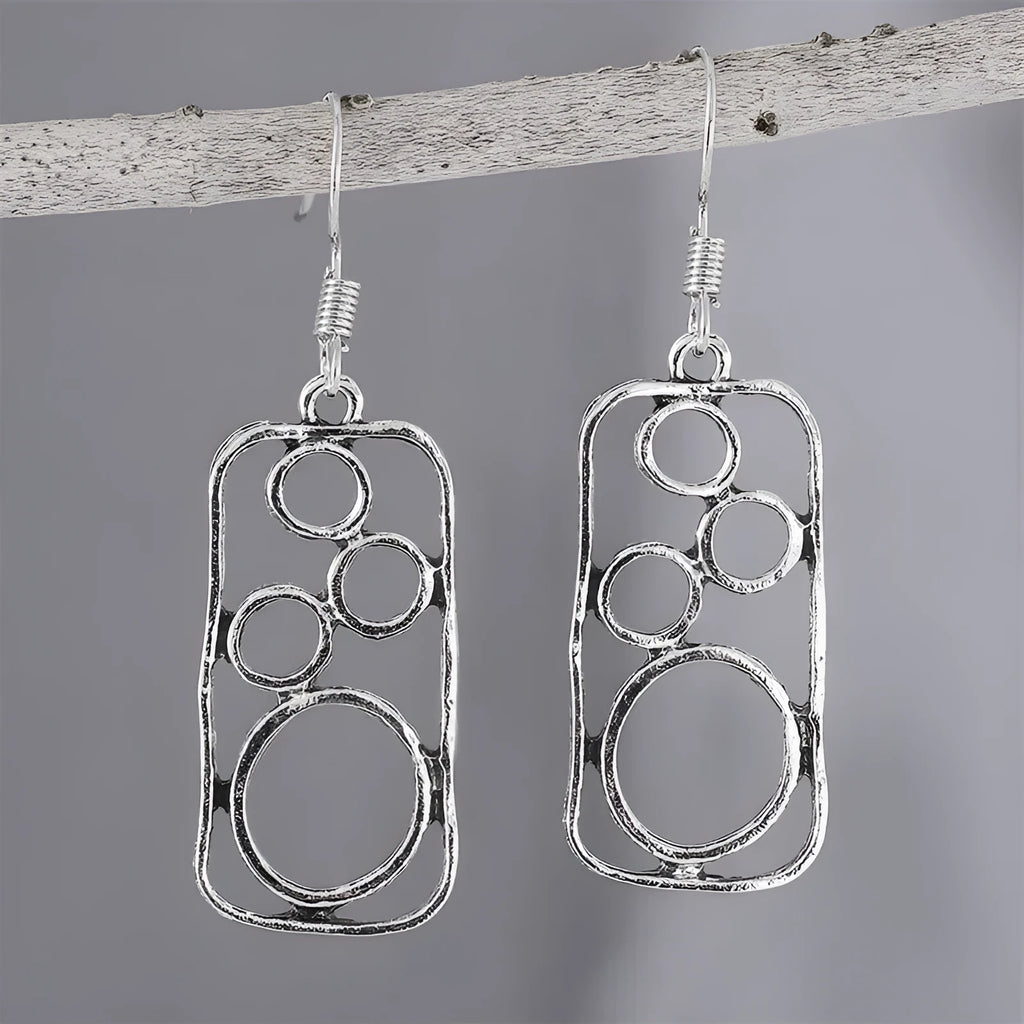 Round zinc alloy earrings with geometric square design in antique silver finish