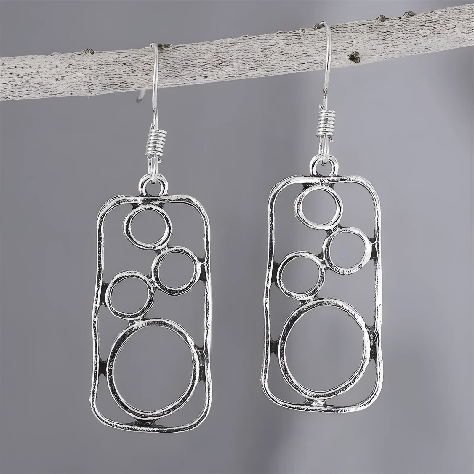 Round zinc alloy earrings with geometric square design in antique silver finish