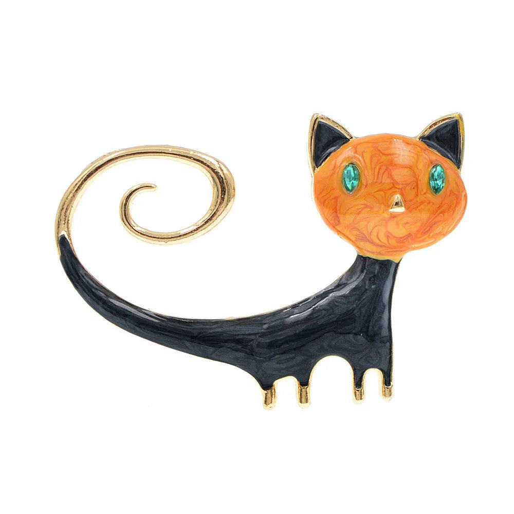 Personalised painted cat tailing up brooch in alloy metal available in white or orange colours