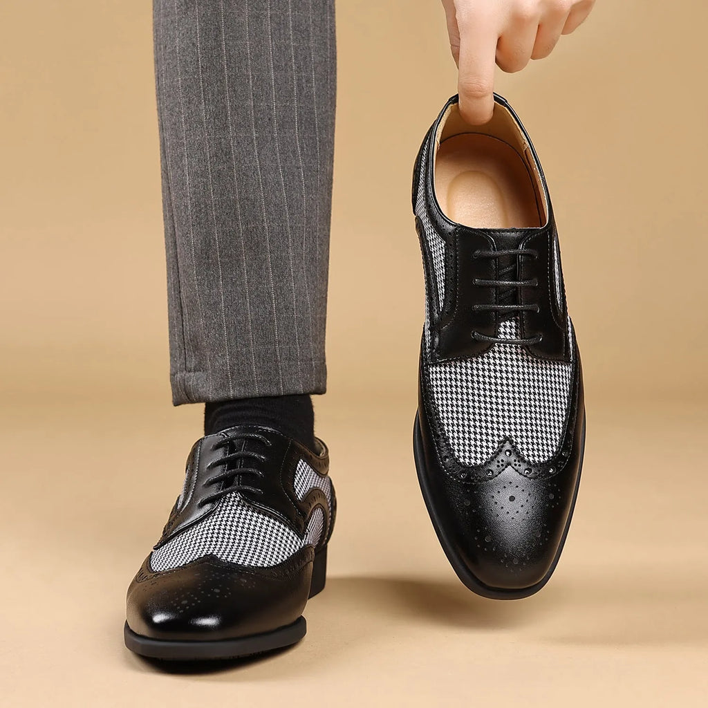 Men's casual leather shoes with imitation houndstooth plaid pattern, square toe, and front lace-up design
