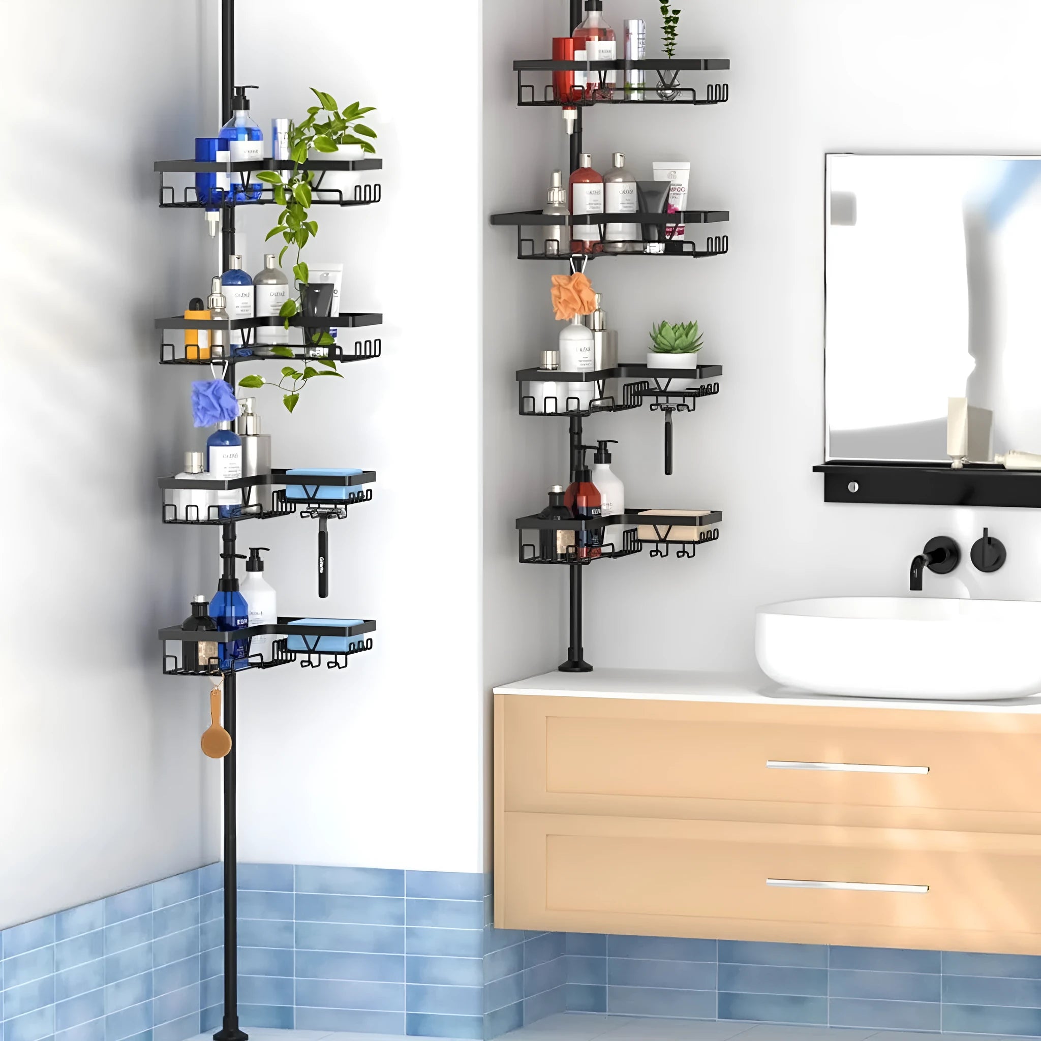 Hole-free retractable bathroom storage rack with four layers and stainless steel construction