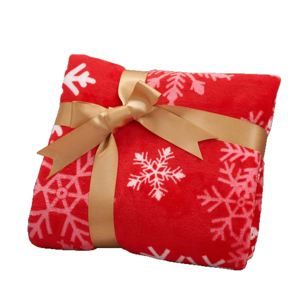 Soft flannel Christmas blanket in polyester fibre showing available colour options and size range