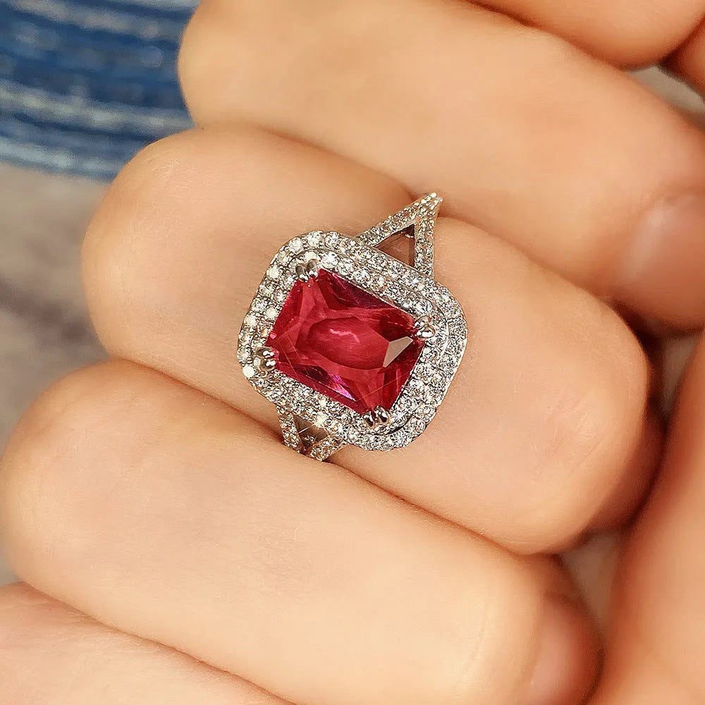 Copper square princess ring with rhinestone centre in F827 red colour, shown in geometric profile