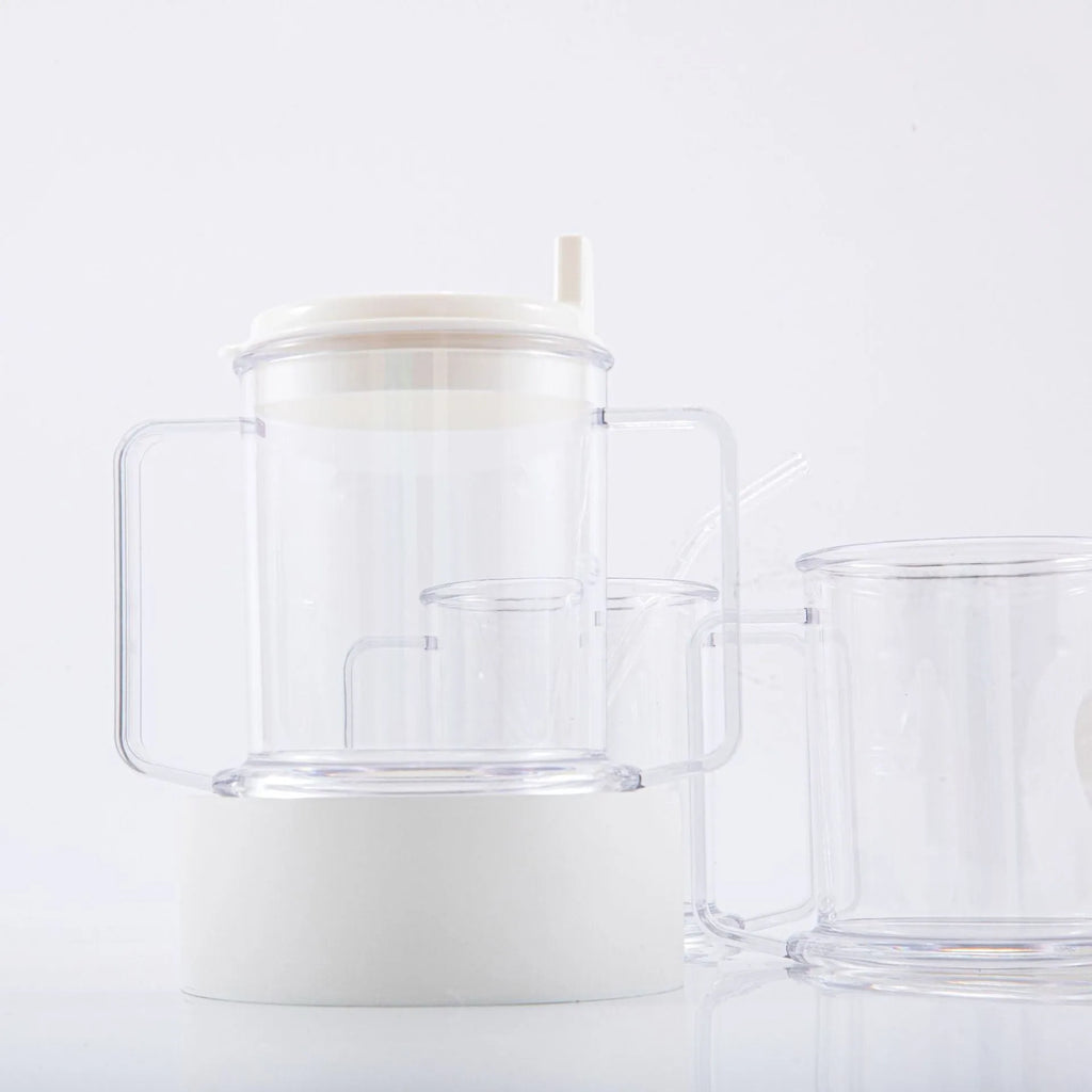 Transparent spill-proof drinking cup showing modern minimalist design