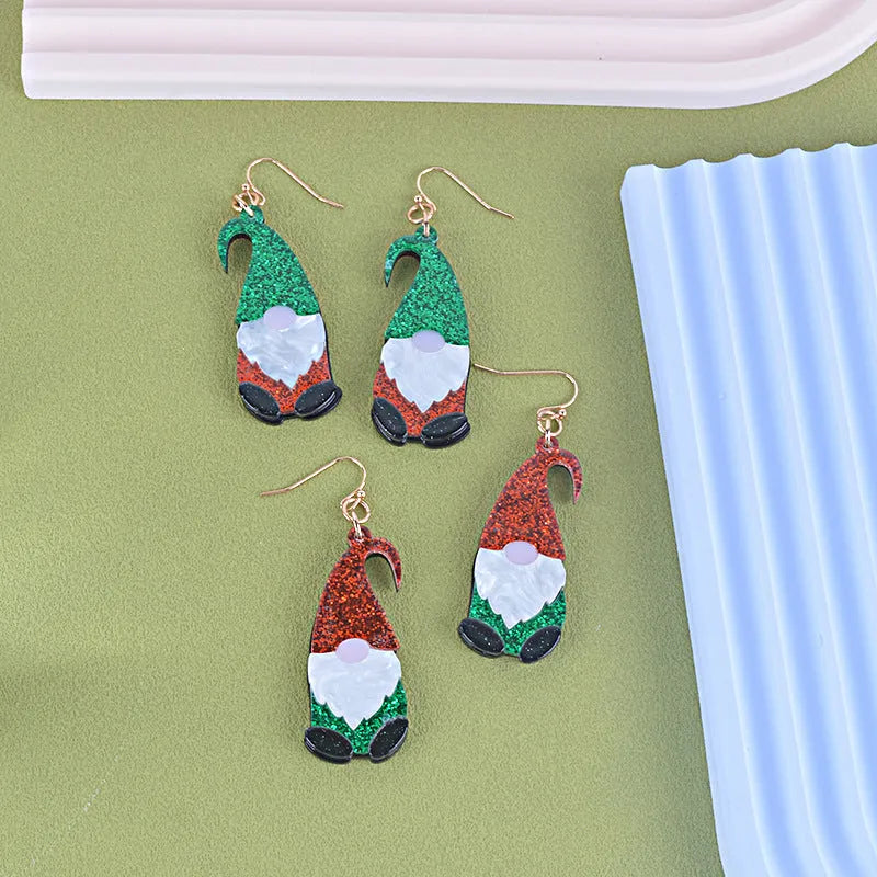 Santa Claus cartoon character acrylic fashion earrings in red, green, and mixed hat styles