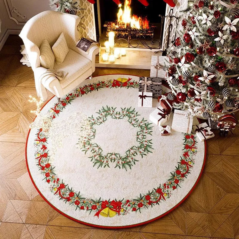 Round red Christmas floor mat with velvet texture in living room setting