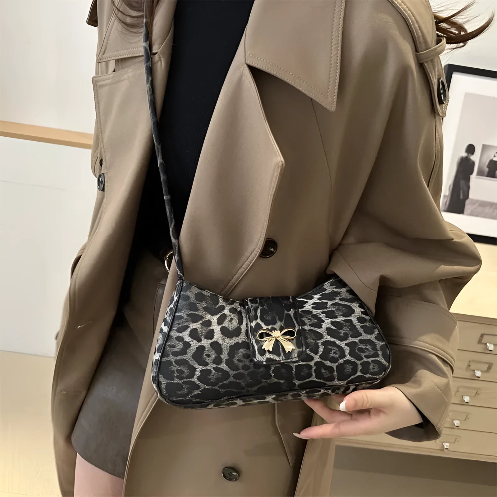 Women's casual PU handbag with sandwich pocket in brown colour showing 27cm dimensions