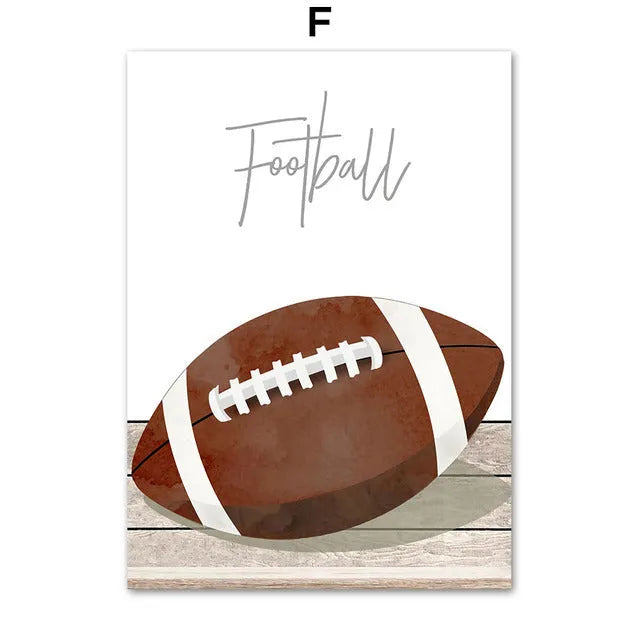 Cartoon sports canvas wall art with football, basketball, and baseball tools for children's bedroom