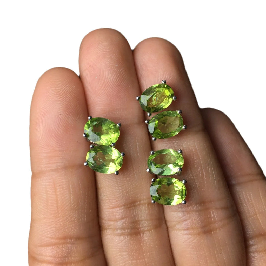 Natural grass green olivine stud earrings with geometric S925 silver setting and 6×8mm faceted stone