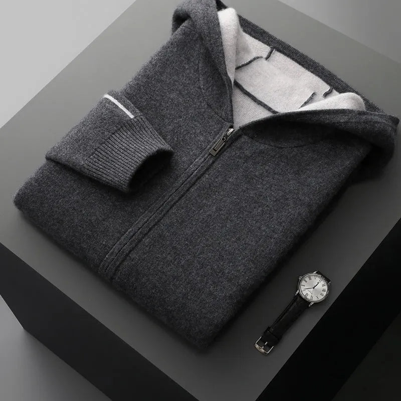 Men's thick cashmere zip-up cardigan sweater in dark blue with half-high collar
