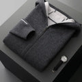 Men's thick cashmere zip-up cardigan sweater in dark blue with half-high collar