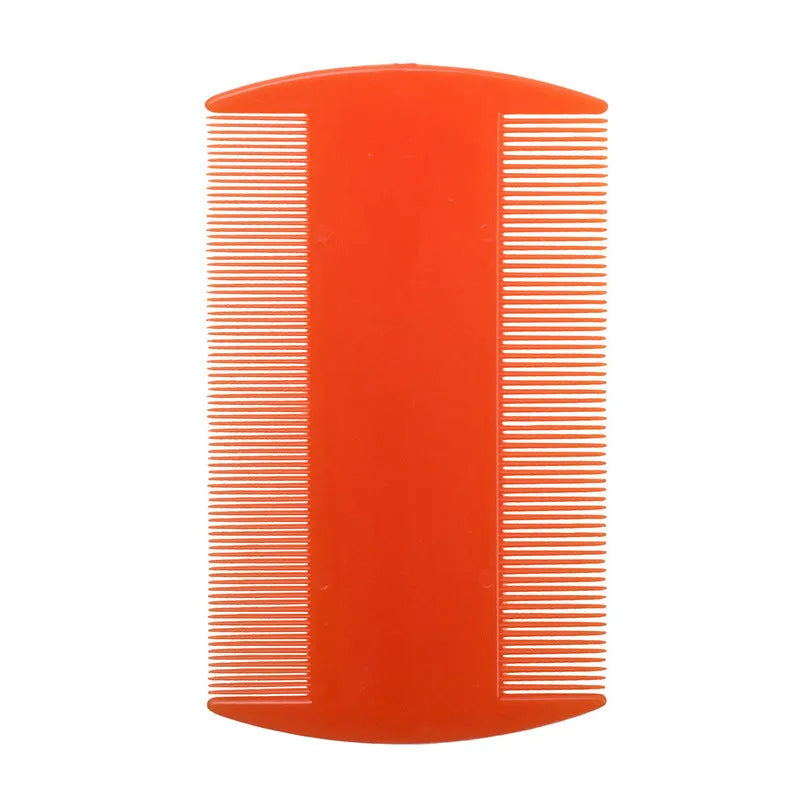 Double-edged plastic flea and lice comb in assorted colours, showing fine teeth.