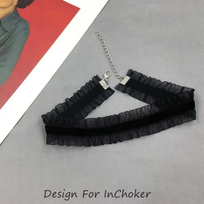 Velvet ruffled alloy clavicle necklace with flower pendant and snake bones chain in three colours