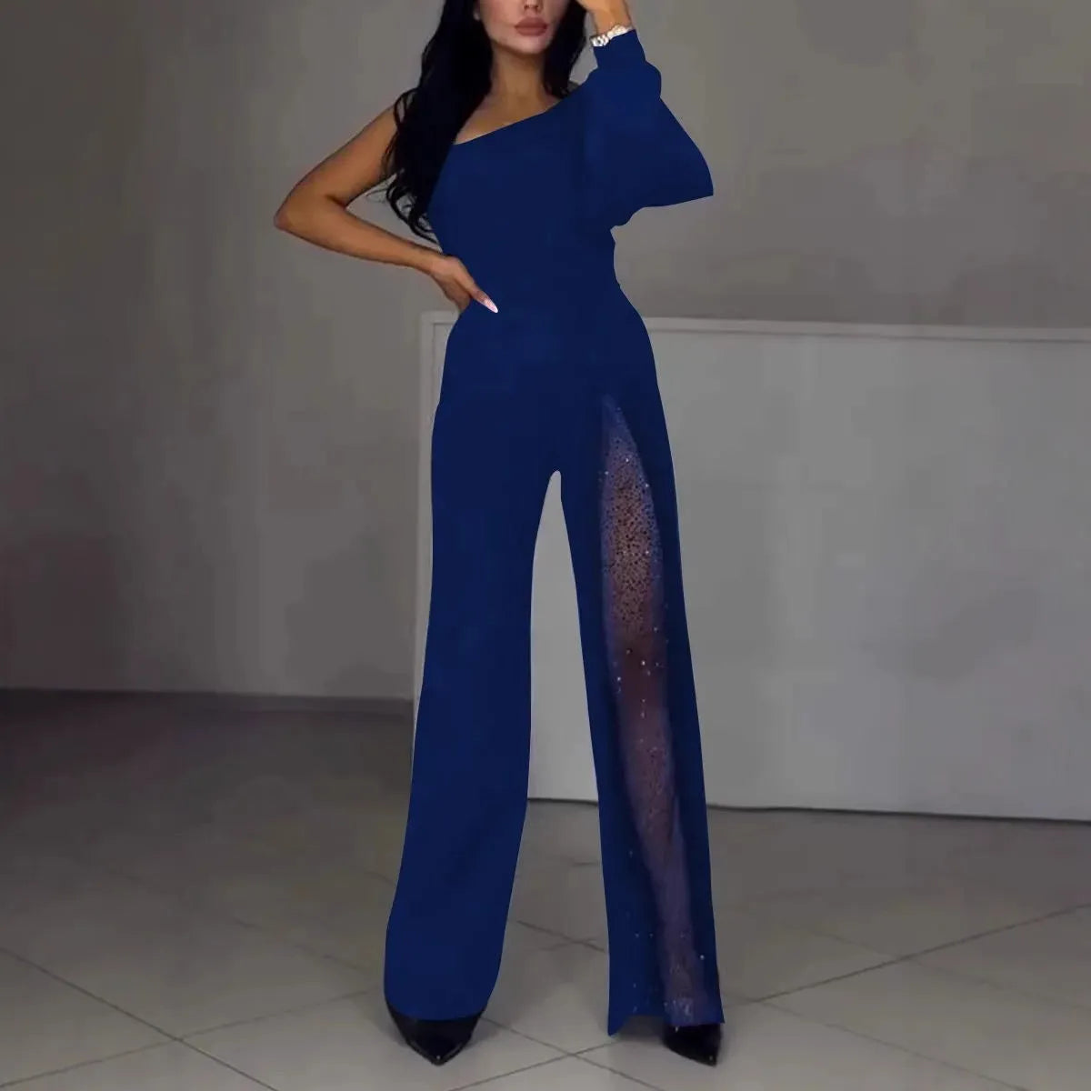 Women's sexy style polyester jumpsuit with high slit design in black, wine red, white or dark blue colours