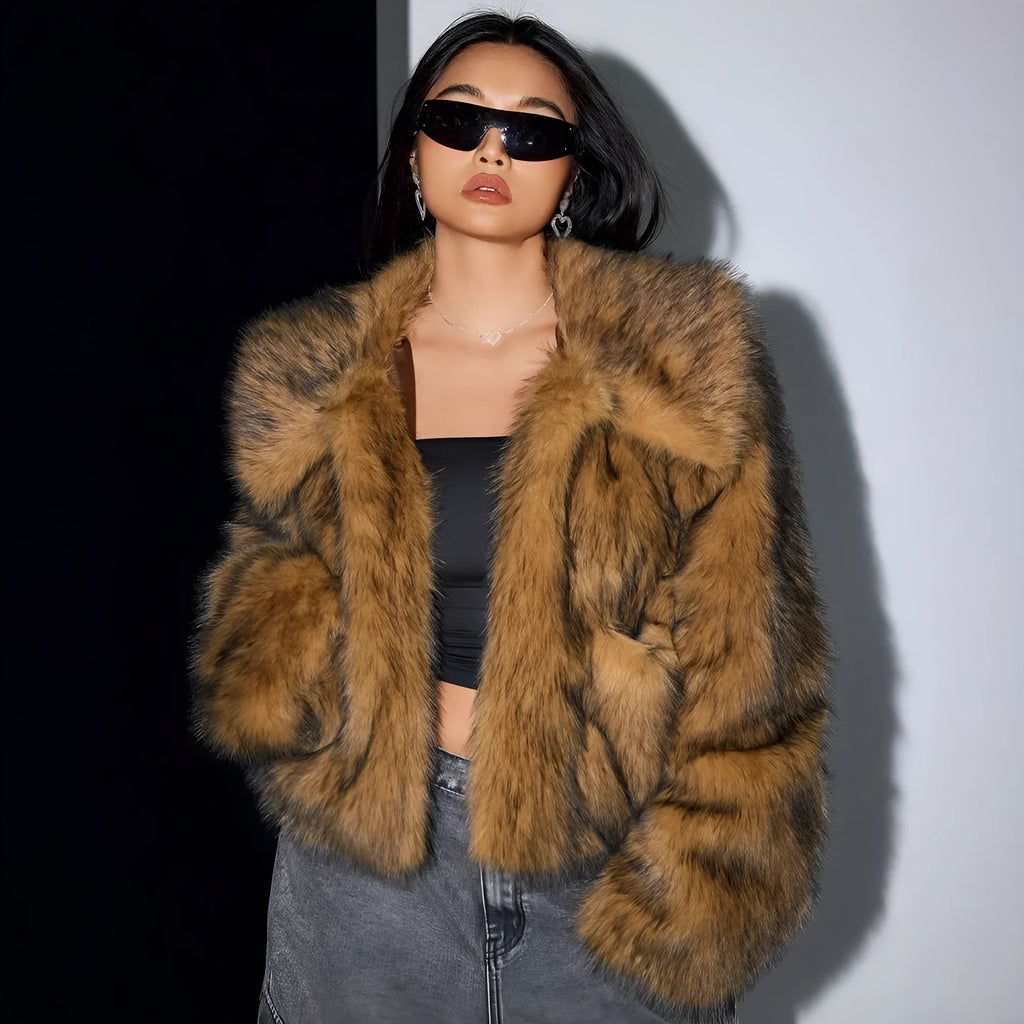 Women's artificial fox fur coat with thick collar in multiple colour options