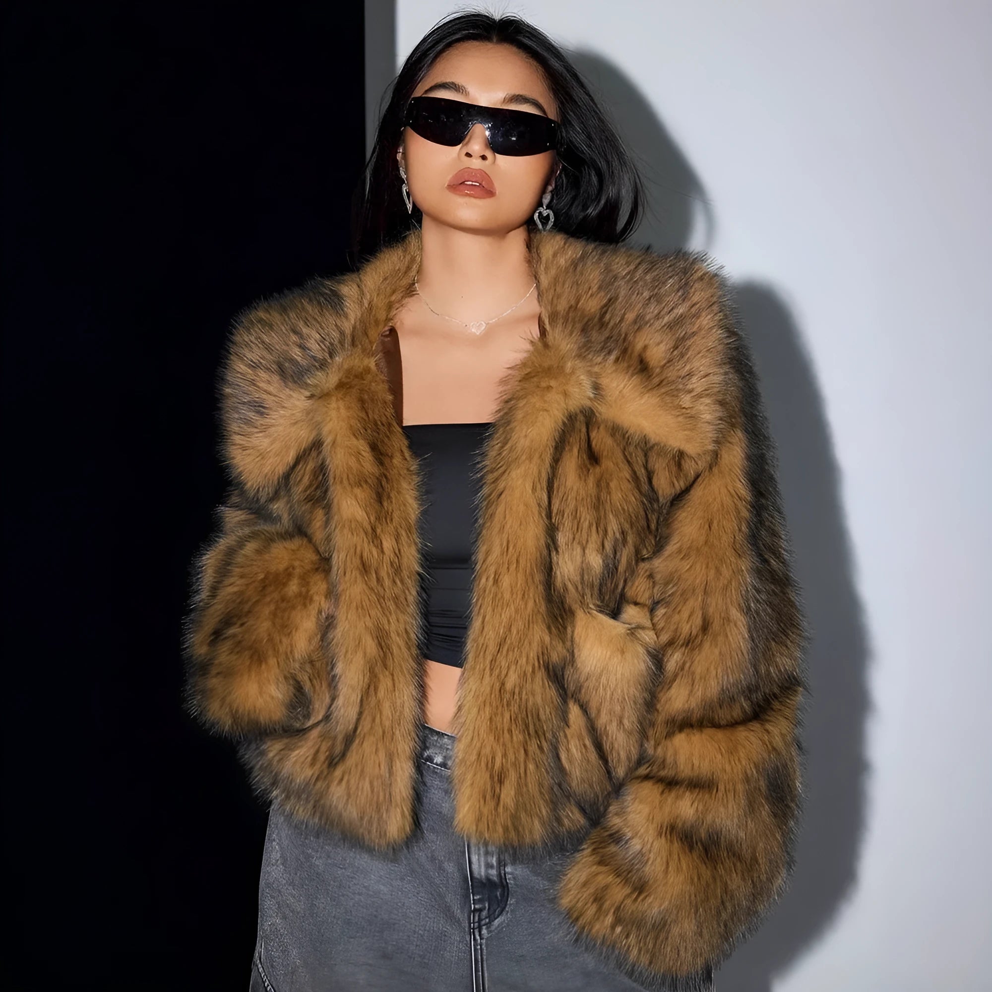 Women's artificial fox fur coat with thick collar in multiple colour options