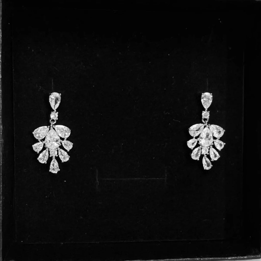 Women's AAA zircon ice flower stud earrings silver tone copper geometric studs on ear