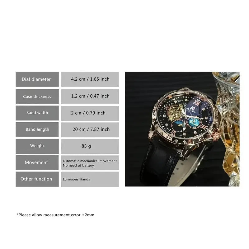 Men's automatic mechanical watch with large hollow dial, rose gold shell, and black leather strap