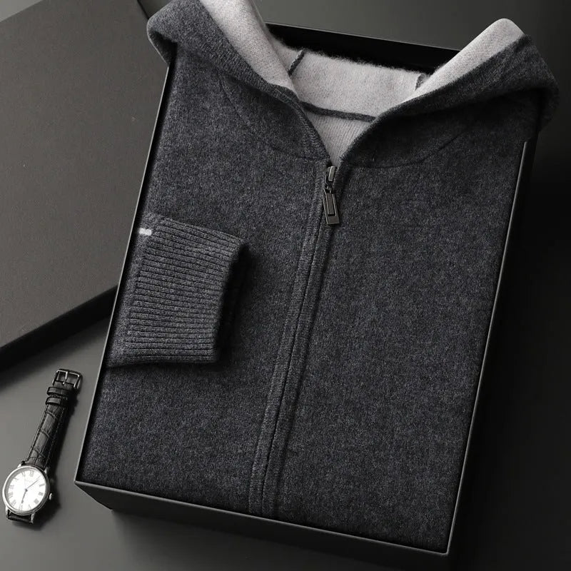 Men's thick cashmere zip-up cardigan sweater in dark blue with half-high collar
