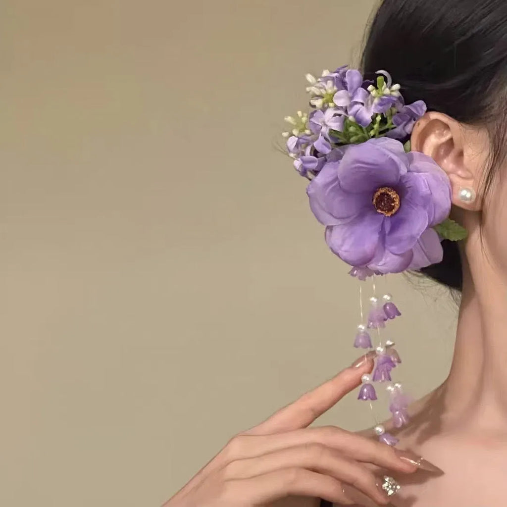 Yellow and purple flower tassel side clip hair accessories for women with mixed material construction