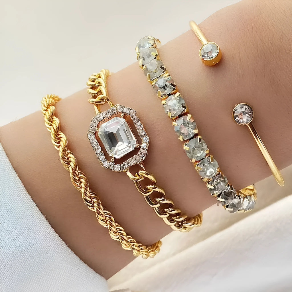 Retro geometric square diamond women's bracelet 4-piece set in gold or silver tone alloy metal