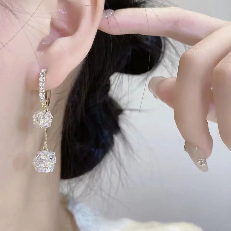 Silver confession balloon drop earrings with rhinestone balls and double pendant design