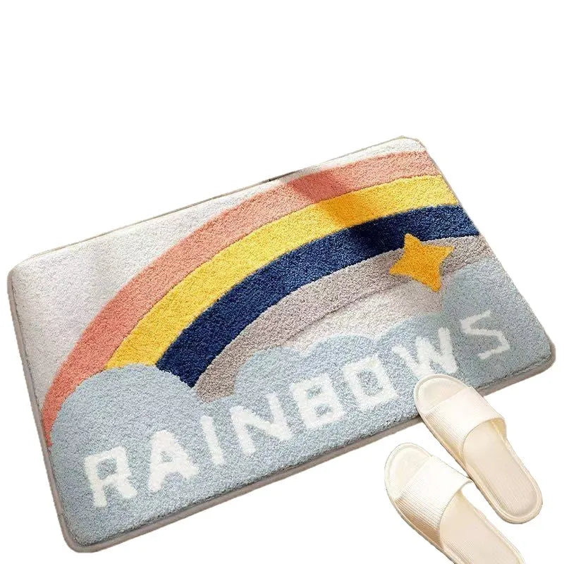 Sky sea coloured square rug with rainbow pattern, showing flat imitation cashmere texture and plastic bottom.