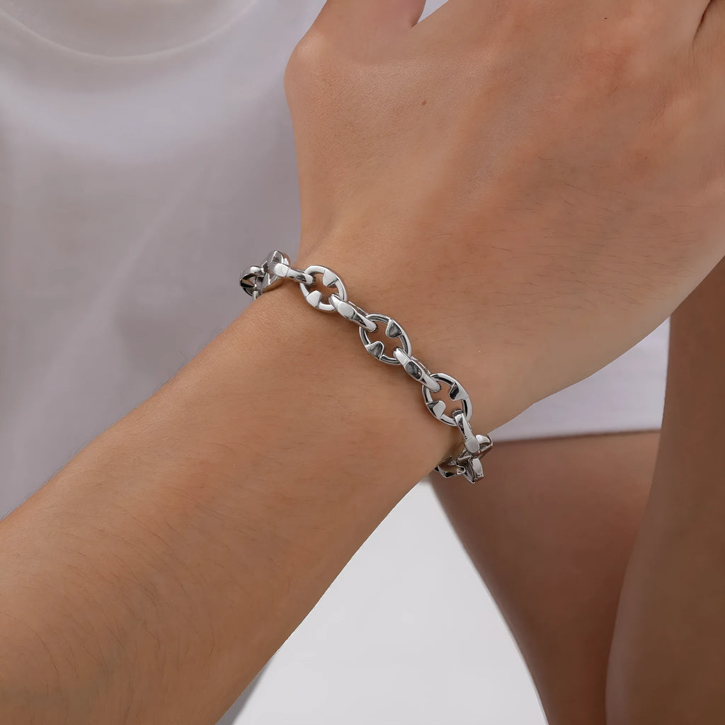 Men's stainless steel thick chain bracelet with geometric links for hip hop style