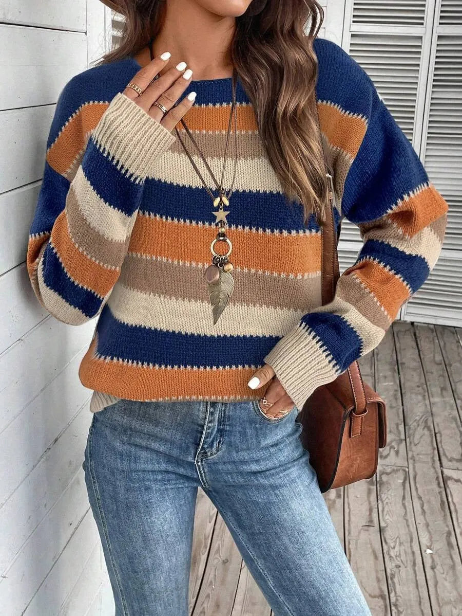 Women's colourblock striped pullover sweater with long sleeves in polyester fabric