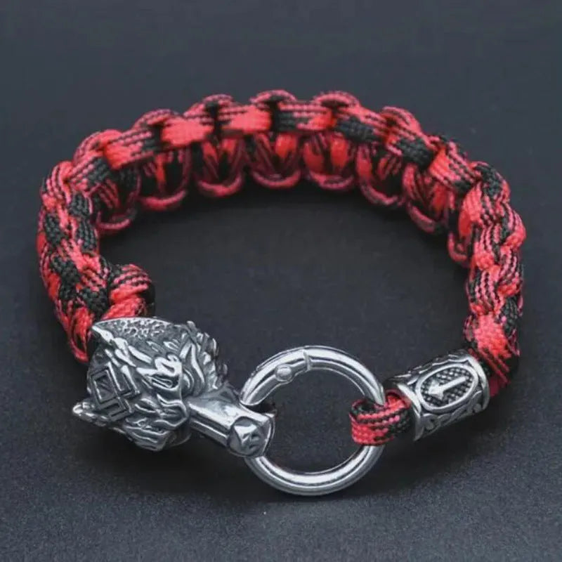 Stainless steel wolf head bracelet in camouflage colour with luen character detailing