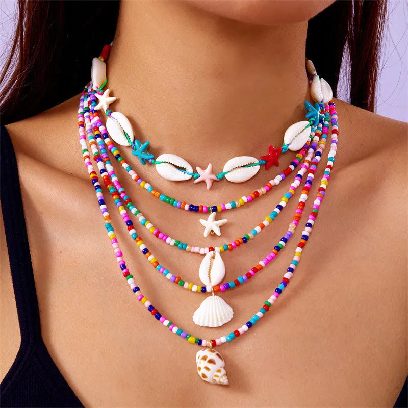 Blue and colour women's multi-layer necklace set with starfish shell conch pendants and bead elements