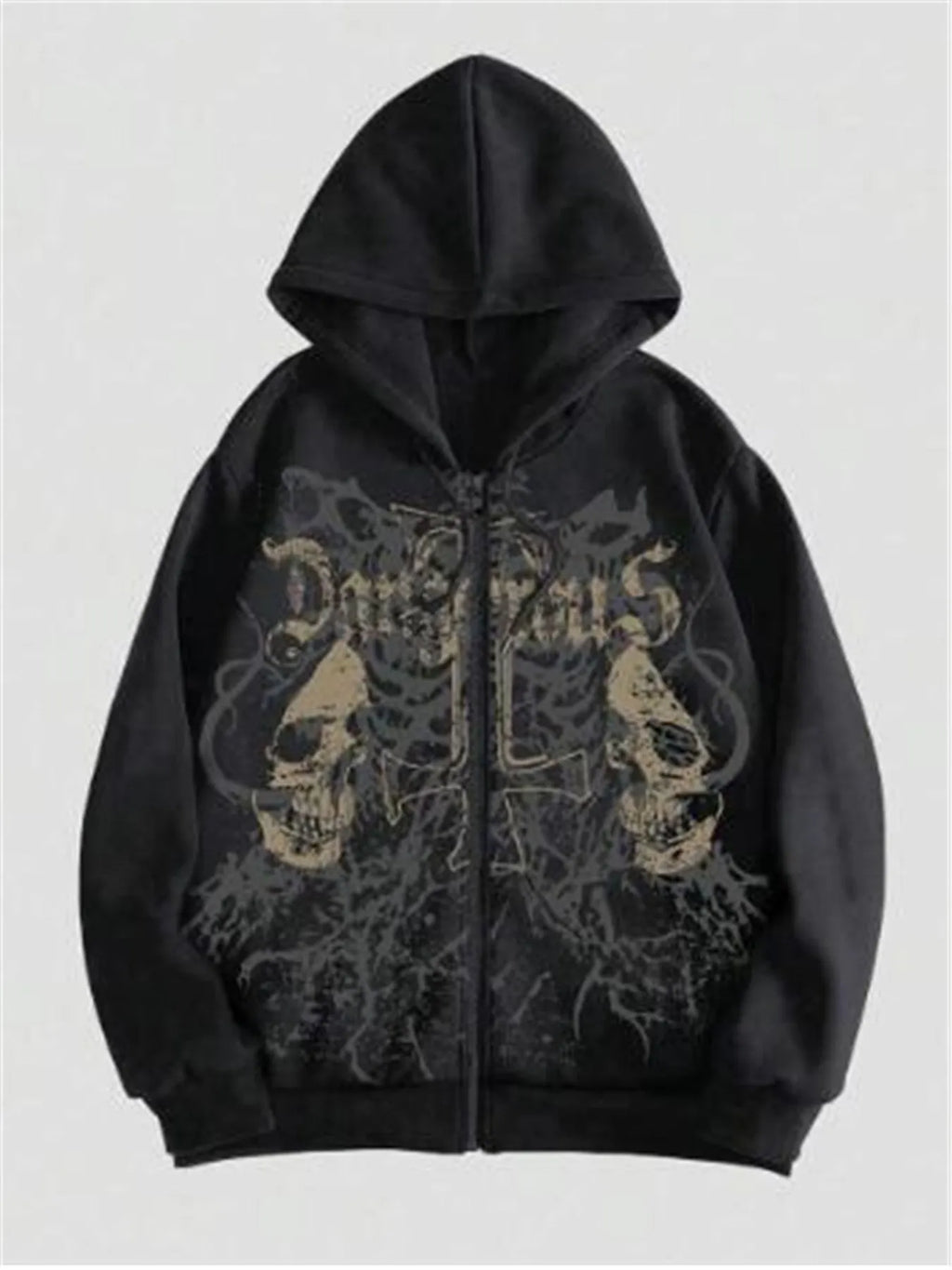 Black men's hooded sweatshirt with a detailed skull pattern print on the front, featuring long sleeves.