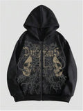 Black men's hooded sweatshirt with a detailed skull pattern print on the front, featuring long sleeves.