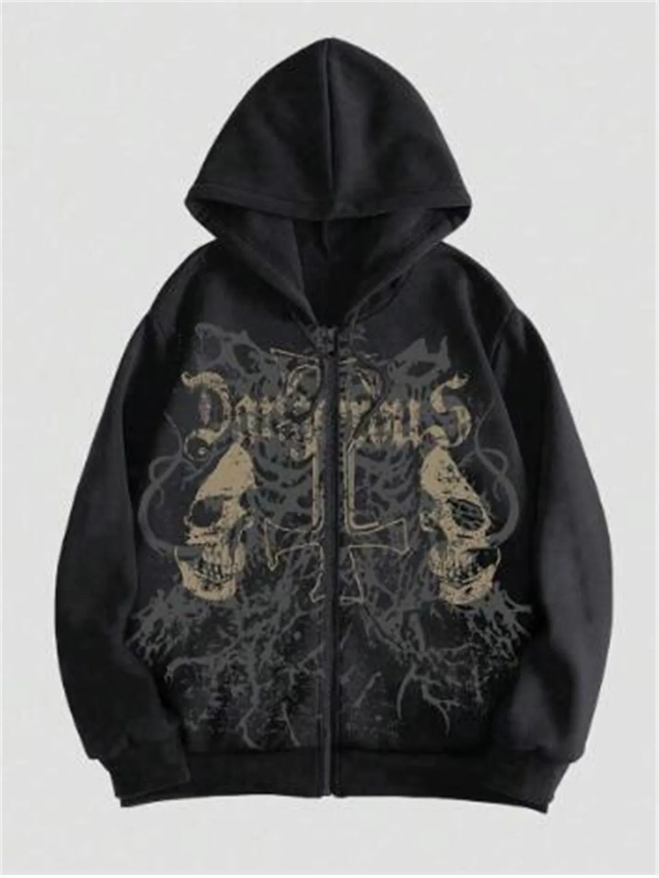 Black men's hooded sweatshirt with a detailed skull pattern print on the front, featuring long sleeves.