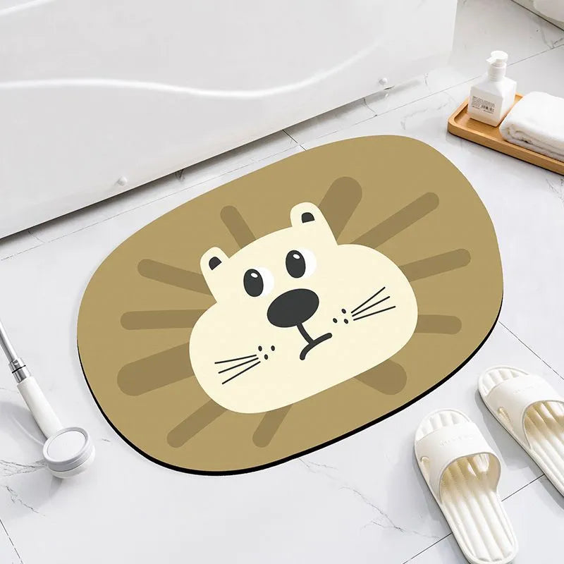 Diatomite bathroom absorbent mat in a cartoon animal design on a bathroom floor.